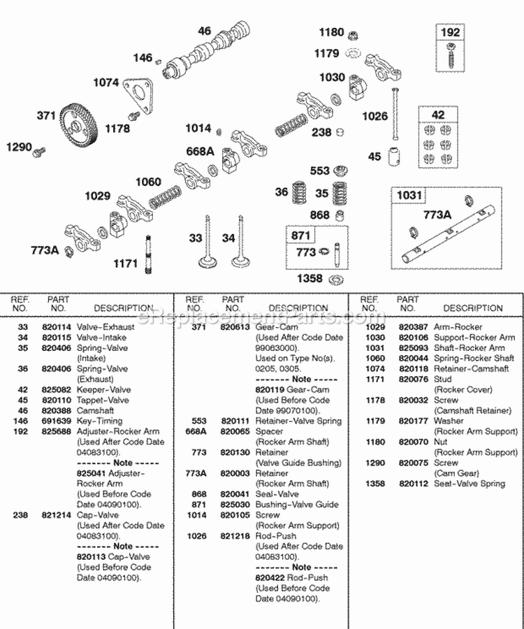 Camshaft Springs Valves Rockers Diagram and Parts List for 587447-0205-E2  Briggs and Stratton Engine